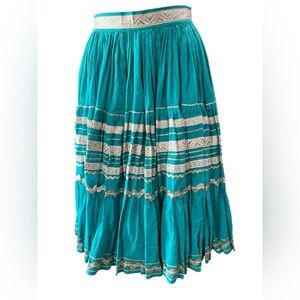 Vintage 40s 50s turquoise Patio Skirt Silver Ribbon Details Full Circle Skirt